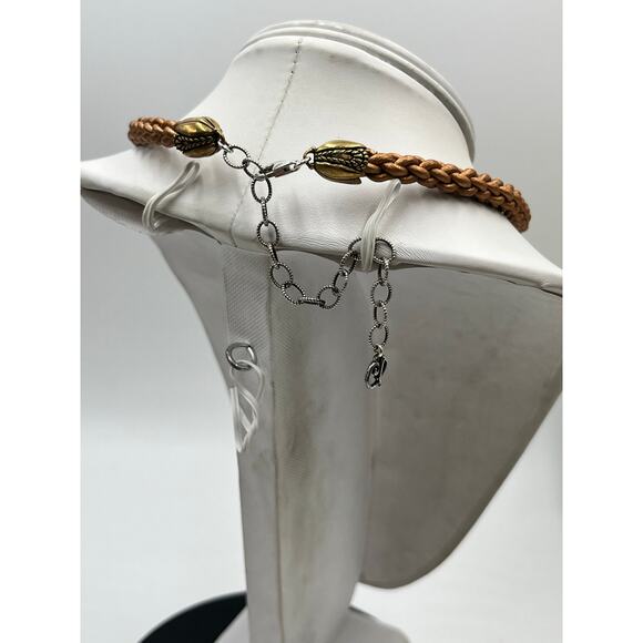 Carolyn Pollack Relios Sterling gold Brown Braided Leather Choker Necklace - Picture 4 of 9